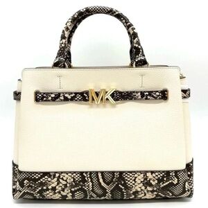 Michael Kors Large Reed Leather Belted Satchel Crossbody Bag Cream Snakeskin